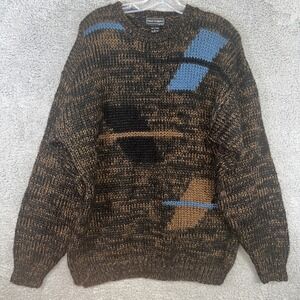 VTG Peter England Sweater Men Sz L Brown Chunky Knit Cosby Grandpa Geo Korea 90s